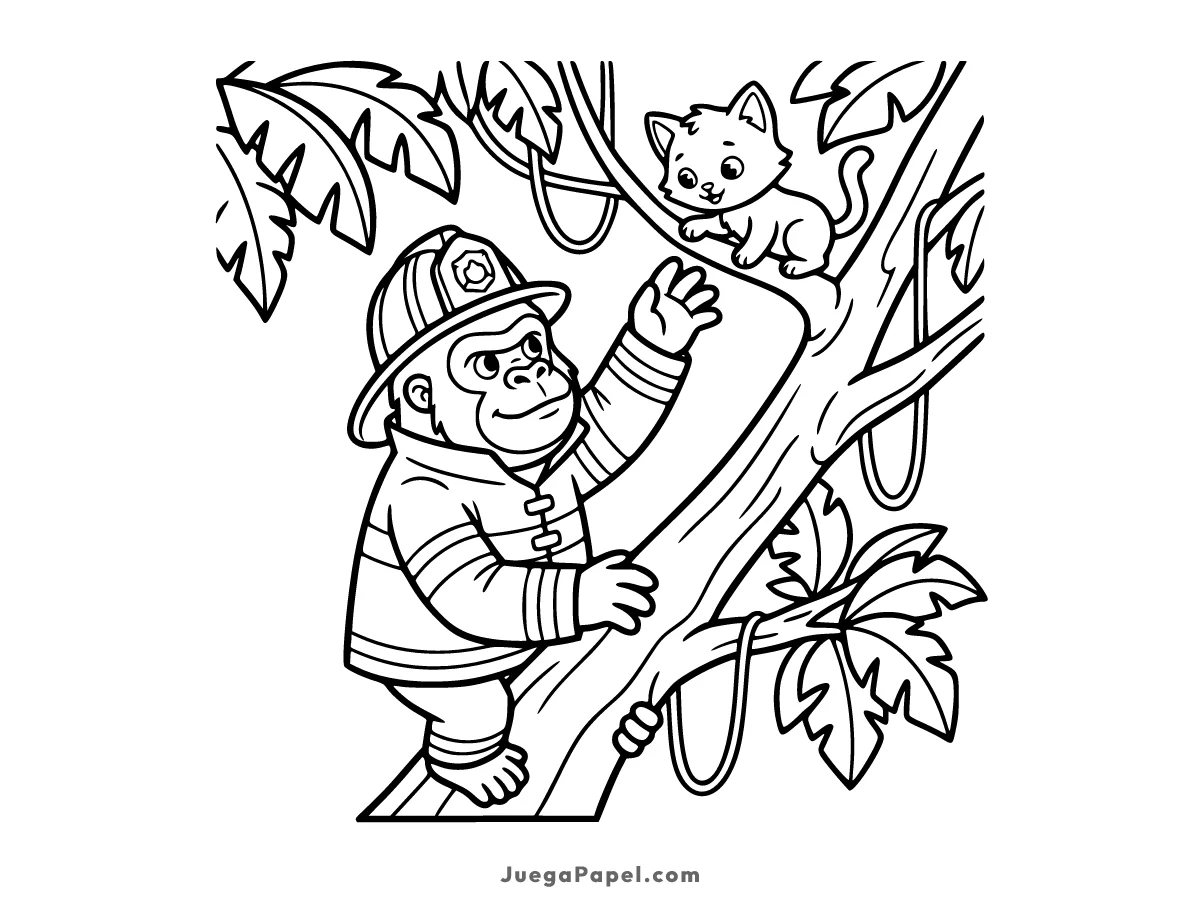 Dibujo para colorear e imprimir de Gorila Bombero Salvando Gato