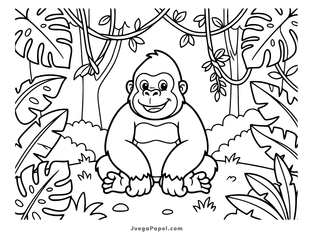 Dibujo para colorear e imprimir de Gorila Sentado en la Jungla