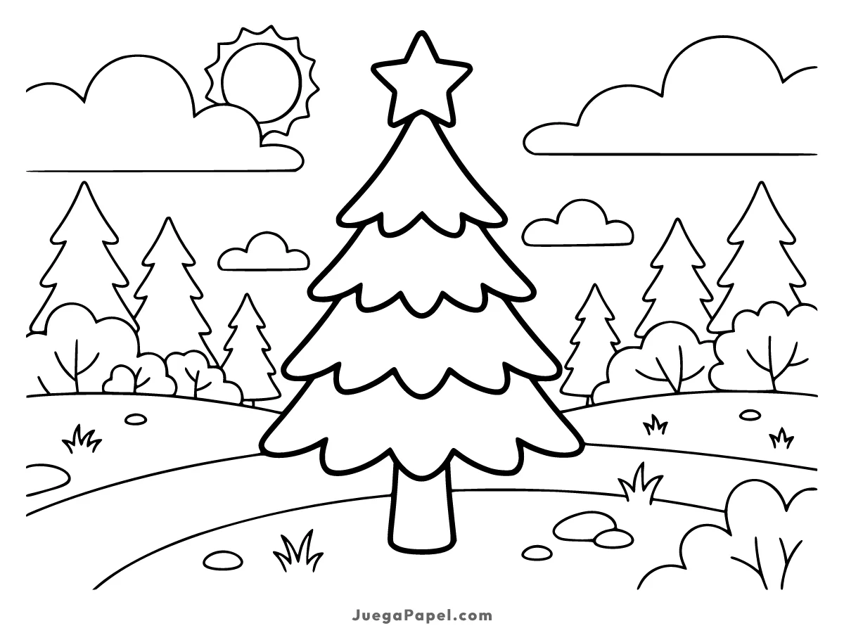Dibujo para colorear e imprimir de Gran Árbol de Navidad en el Bosque