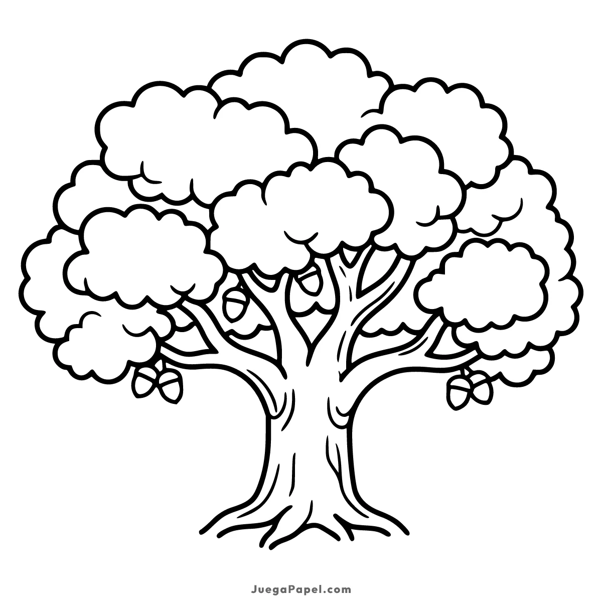 Dibujo para colorear e imprimir de Gran Árbol Frondoso con Bellotas