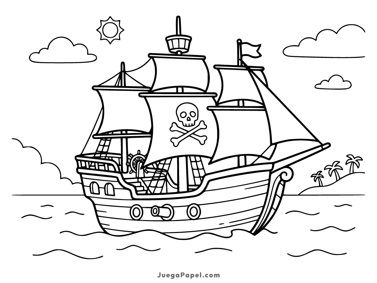 Dibujo para colorear e imprimir de Gran Barco Pirata con Calavera y Cañones