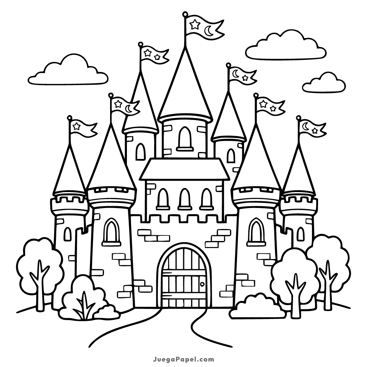 Dibujo para colorear e imprimir de Gran Castillo de Fantasía con Torres y Banderas