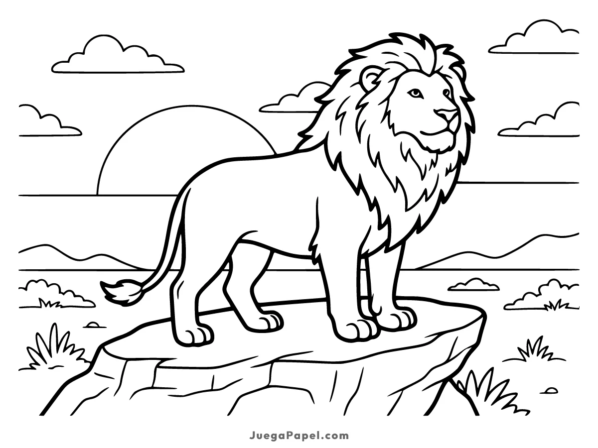 Dibujo para colorear e imprimir de Gran León Majestuoso en la Roca