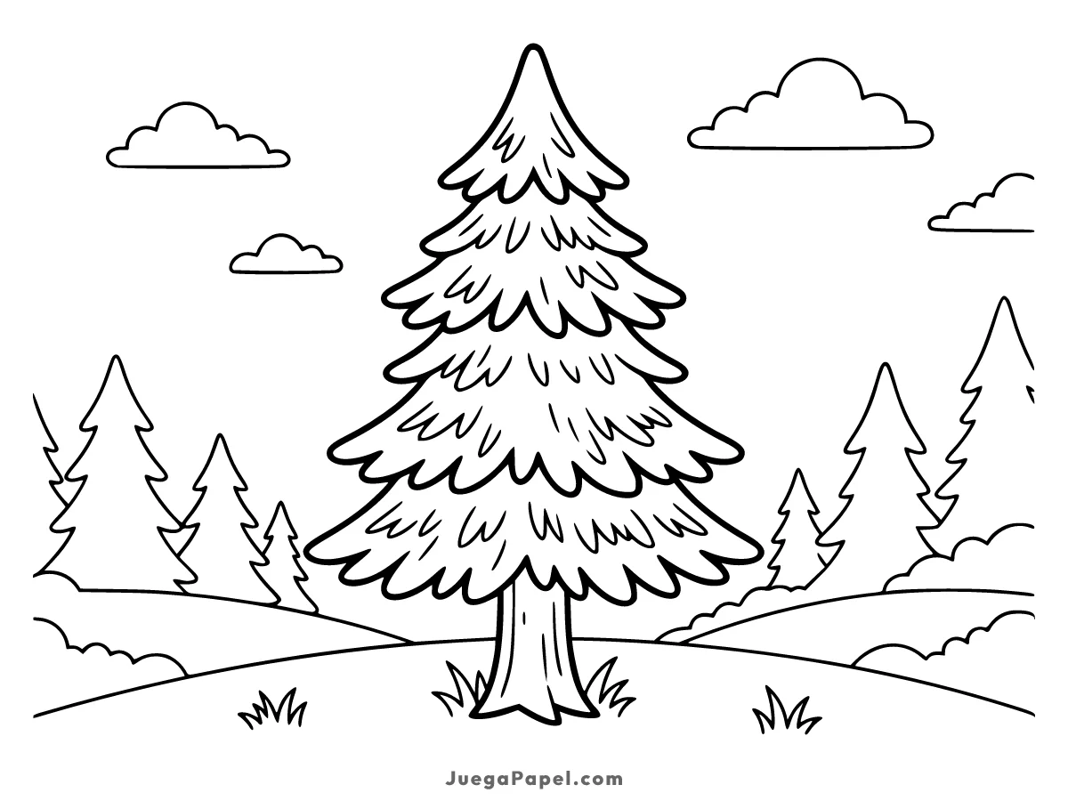 Dibujo para colorear e imprimir de Gran Pino en el Bosque para Colorear