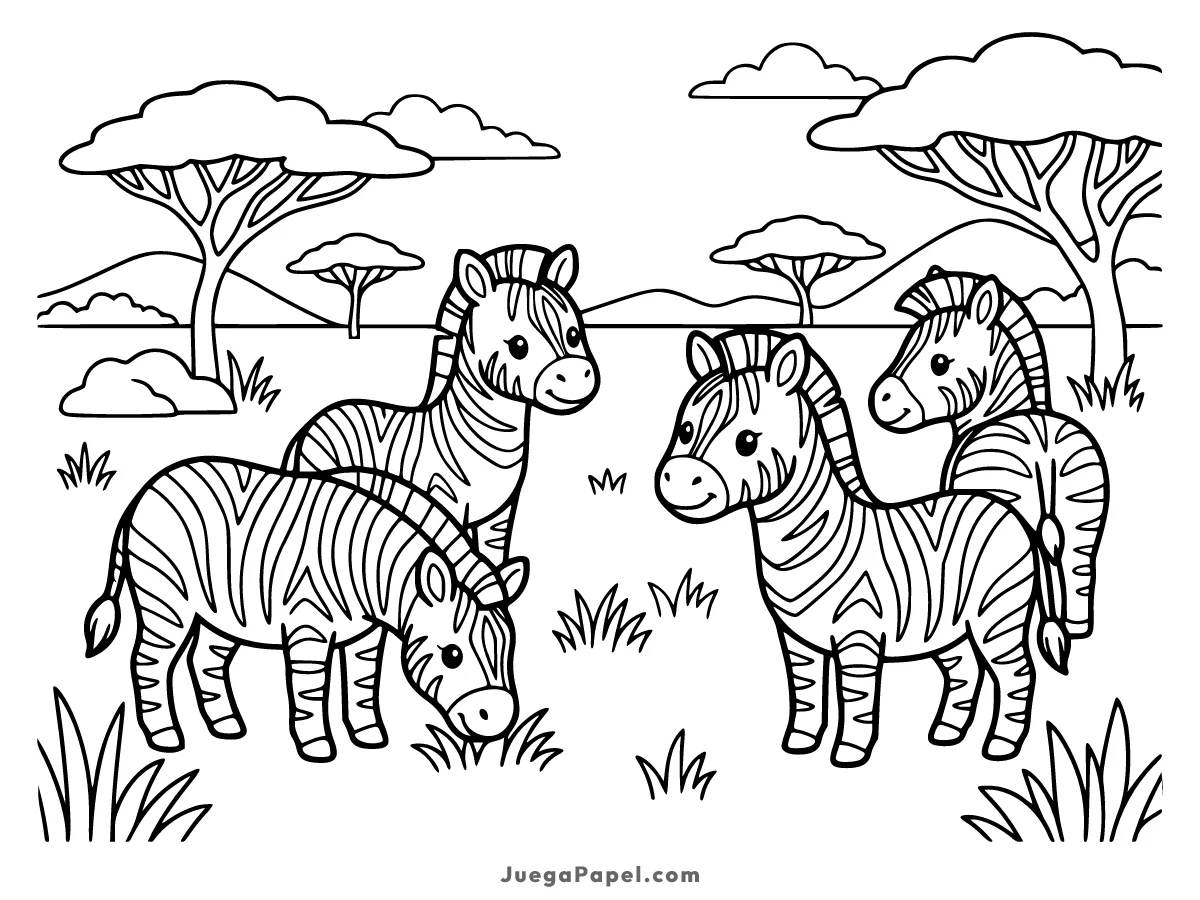 Dibujo para colorear e imprimir de Grupo de Cebras Felices en la Sabana