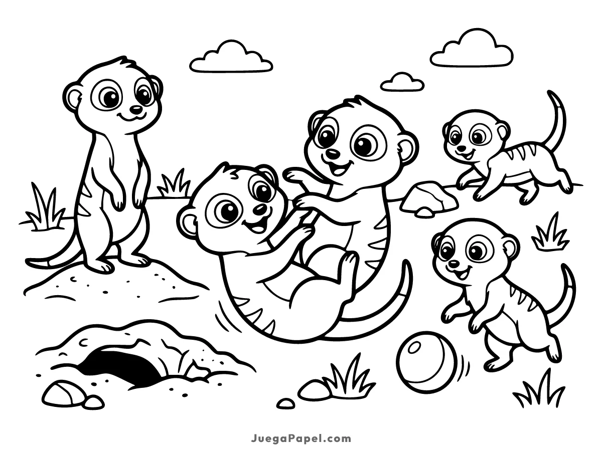 Dibujo para colorear e imprimir de Grupo de Suricatos Juguetones en la Sabana