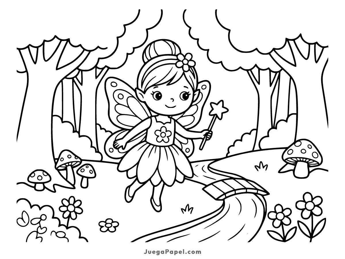 Dibujo para colorear e imprimir de Hada Mágica en el Bosque Encantado