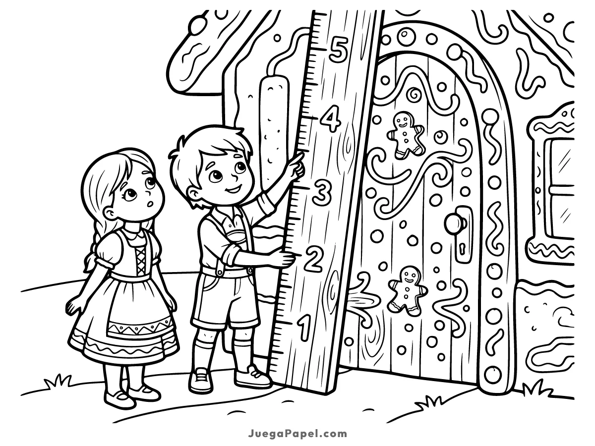 Dibujo para colorear e imprimir de Hansel y Gretel Midiendo la Puerta