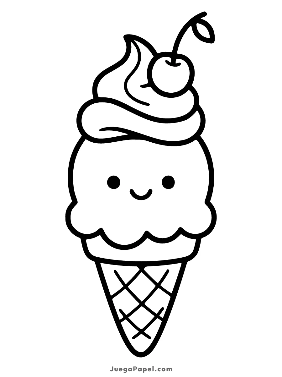 Dibujo para colorear e imprimir de Helado Kawaii con Cereza