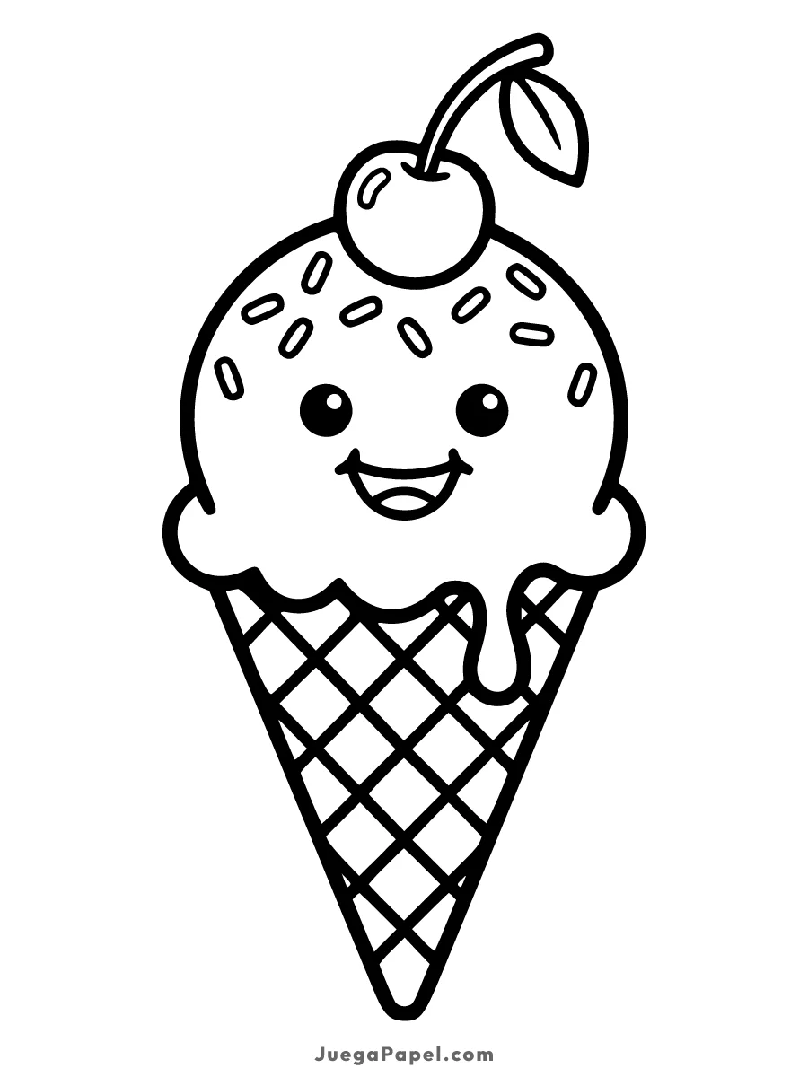 Dibujo para colorear e imprimir de Helado Kawaii con Cereza