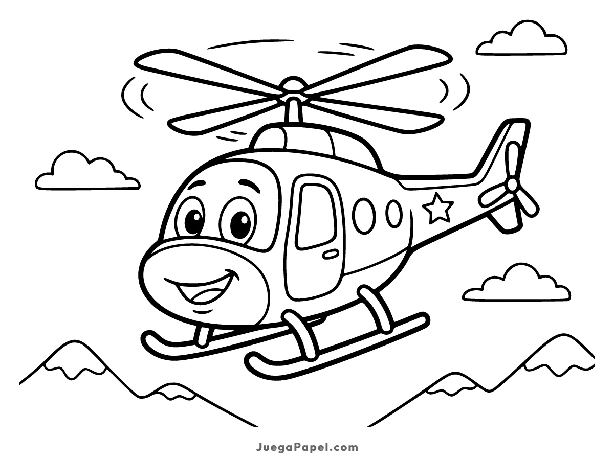 Dibujo para colorear e imprimir de Helicóptero Amigable Volando sobre las Montañas