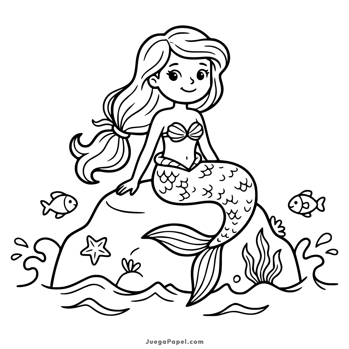 Dibujo para colorear e imprimir de Hermosa Sirenita en una Roca con Peces y Estrellas de Mar