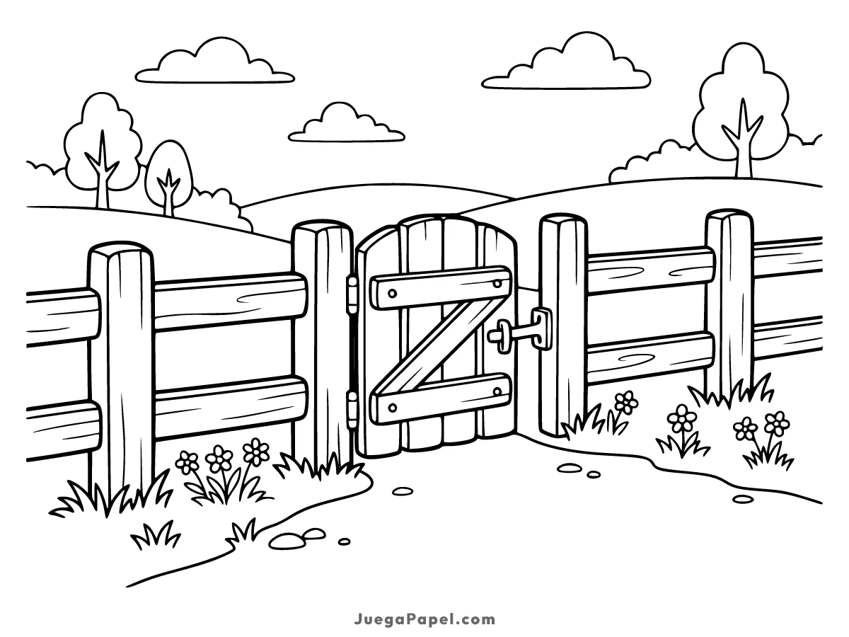 Dibujo para colorear e imprimir de Hermoso Paisaje Rural con Cerca y Puerta de Madera