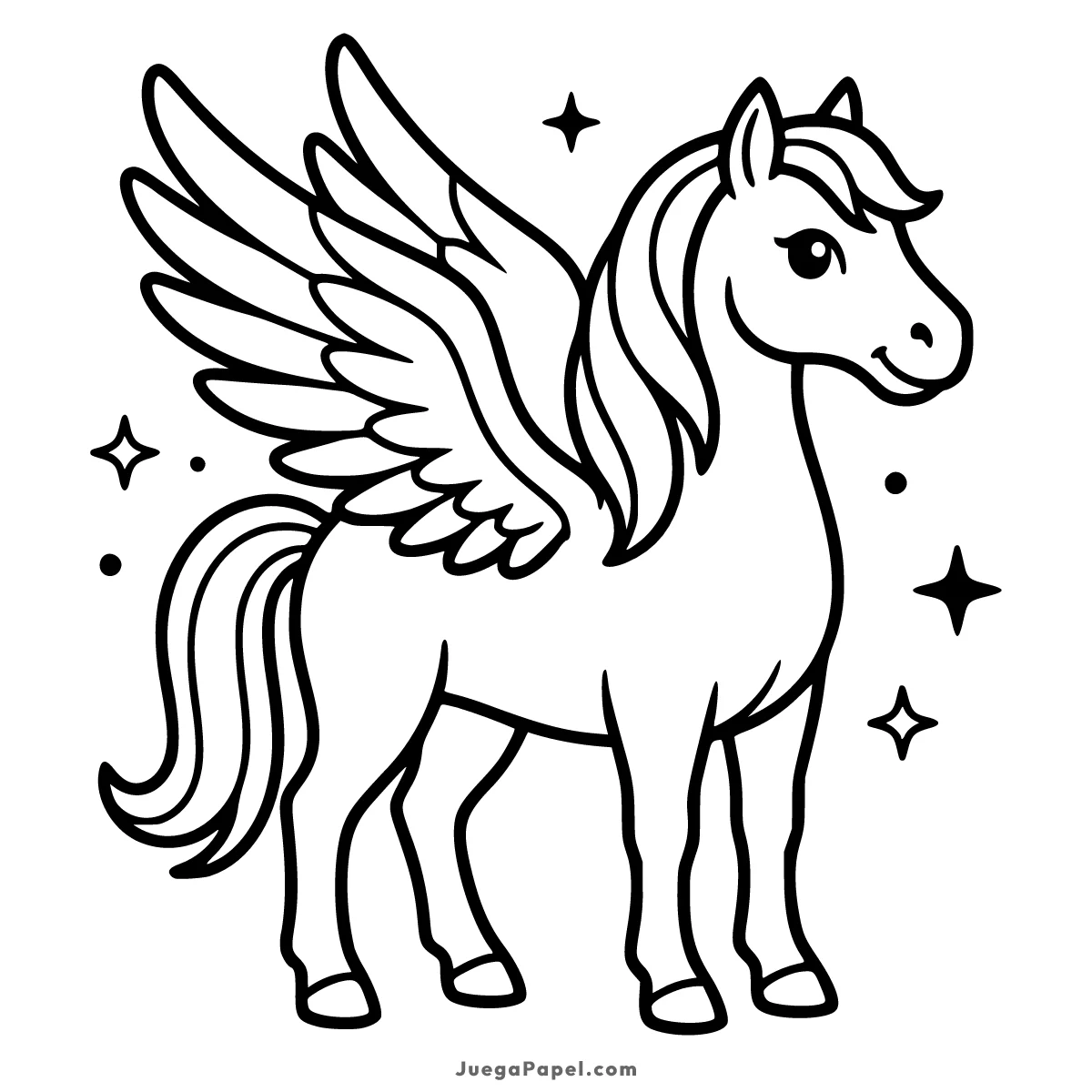 Dibujo para colorear e imprimir de Hermoso Pegaso Mágico con Alas Grandes