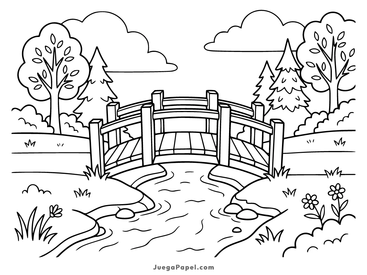 Dibujo para colorear e imprimir de Hermoso Puente de Madera sobre el Río en el Bosque