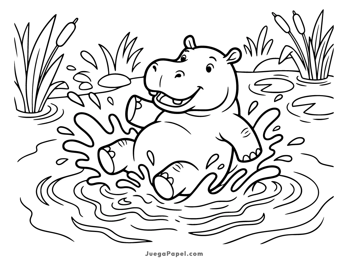 Dibujo para colorear e imprimir de Hipopótamo Chapuceando