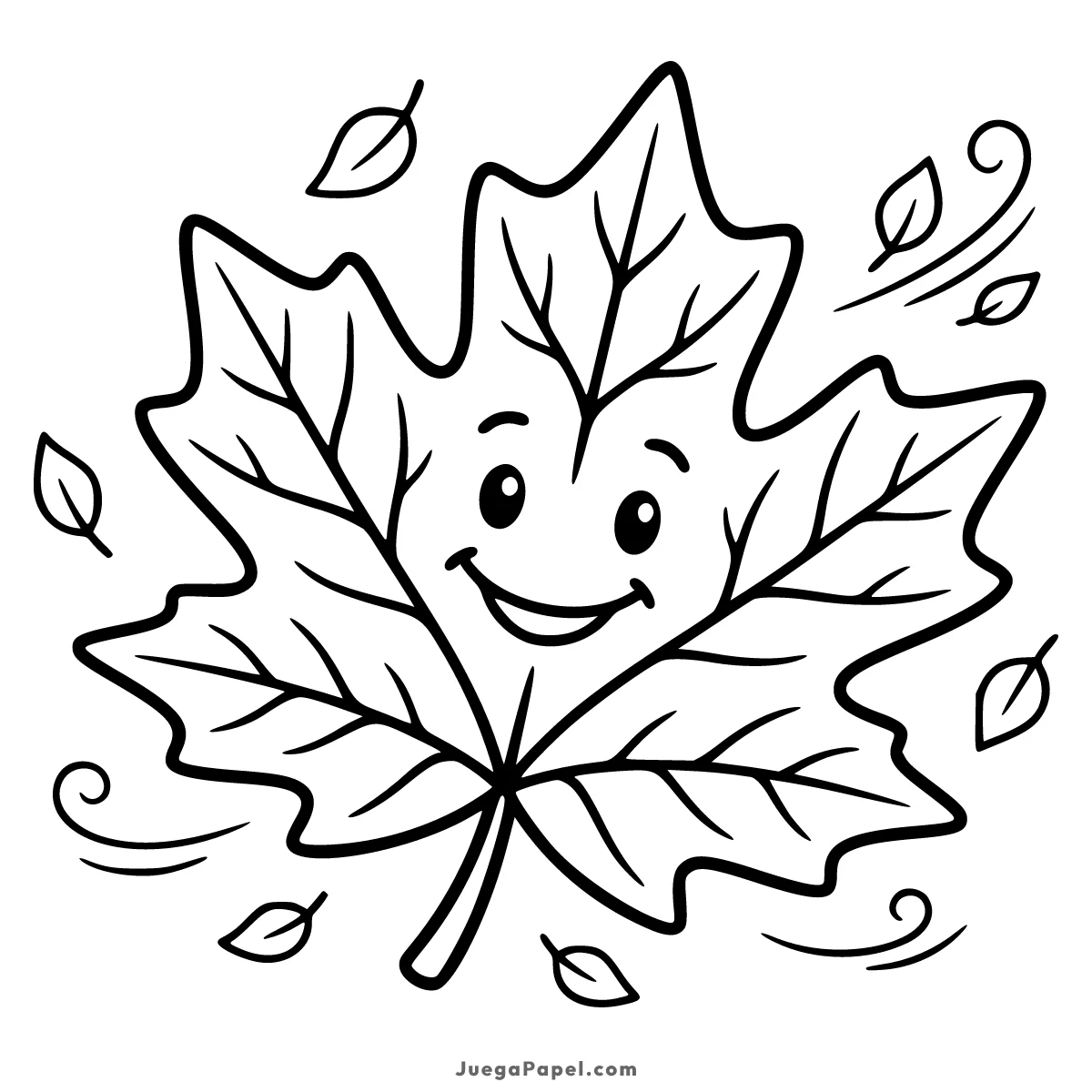 Dibujo para colorear e imprimir de Hoja de Otoño Sonriente y Divertida