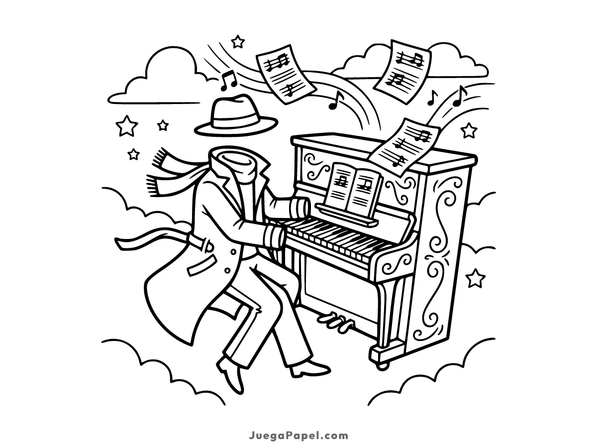 Dibujo para colorear e imprimir de Hombre Invisible Tocando el Piano