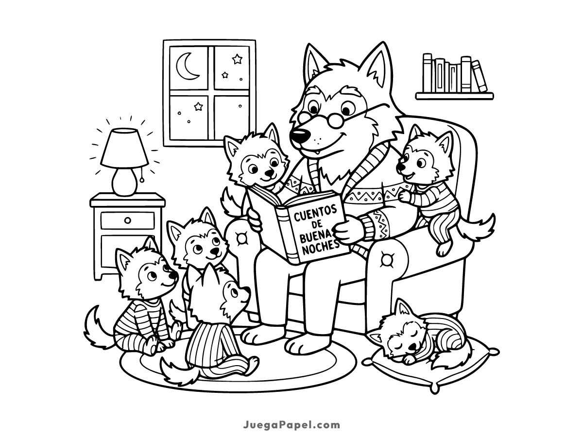 Dibujo para colorear e imprimir de Hombre Lobo Leyendo un Cuento a sus Crías