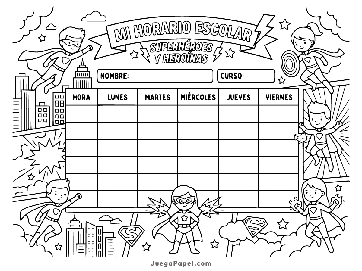 Dibujo para colorear e imprimir de Horario Escolar de Superhéroes