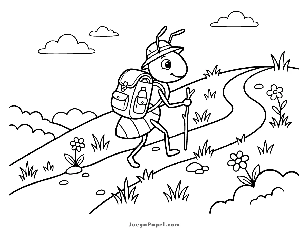 Dibujo para colorear e imprimir de Hormiga Exploradora con Mochila de Excursionismo
