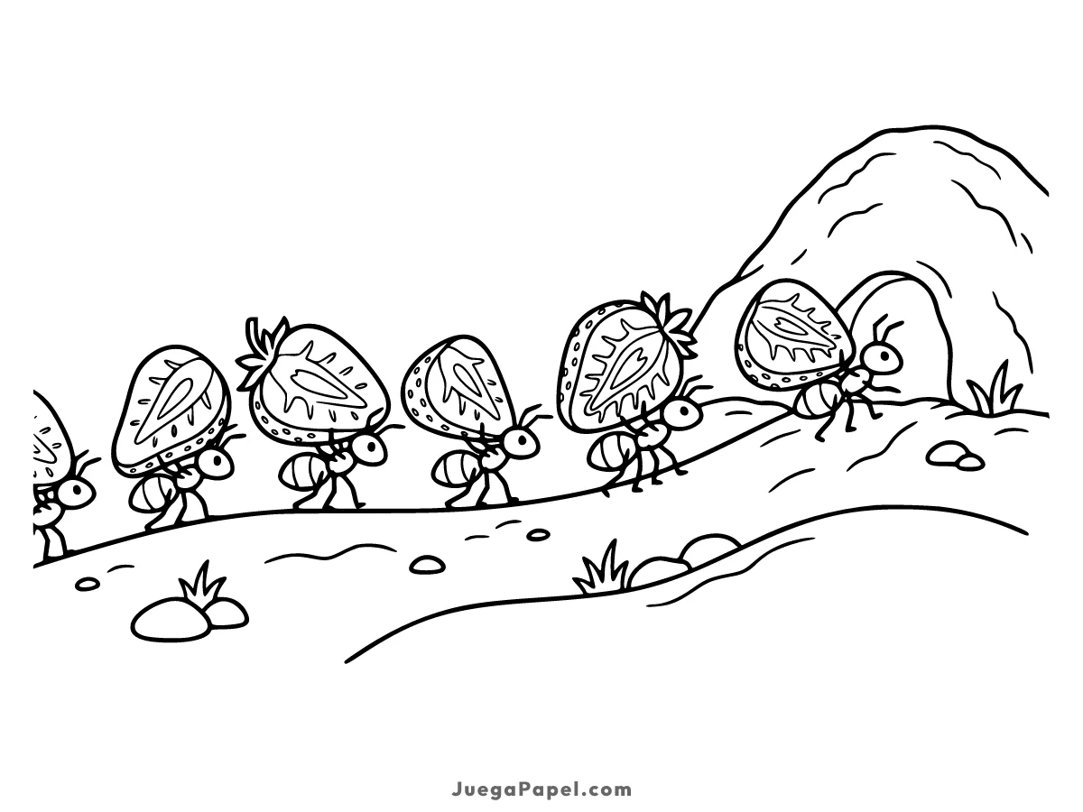 Dibujo para colorear e imprimir de Hormigas Trabajadoras Cargando Fresas
