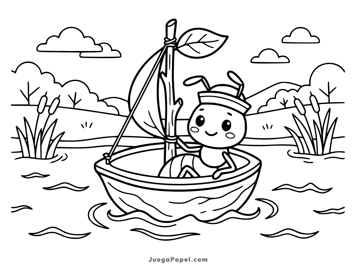 Dibujo para colorear e imprimir de Hormiguita Aventurera Navegando en su Barco de Nuez
