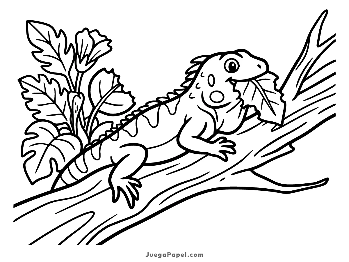 Dibujo para colorear e imprimir de Iguana Alegre Comiendo una Hoja en la Rama