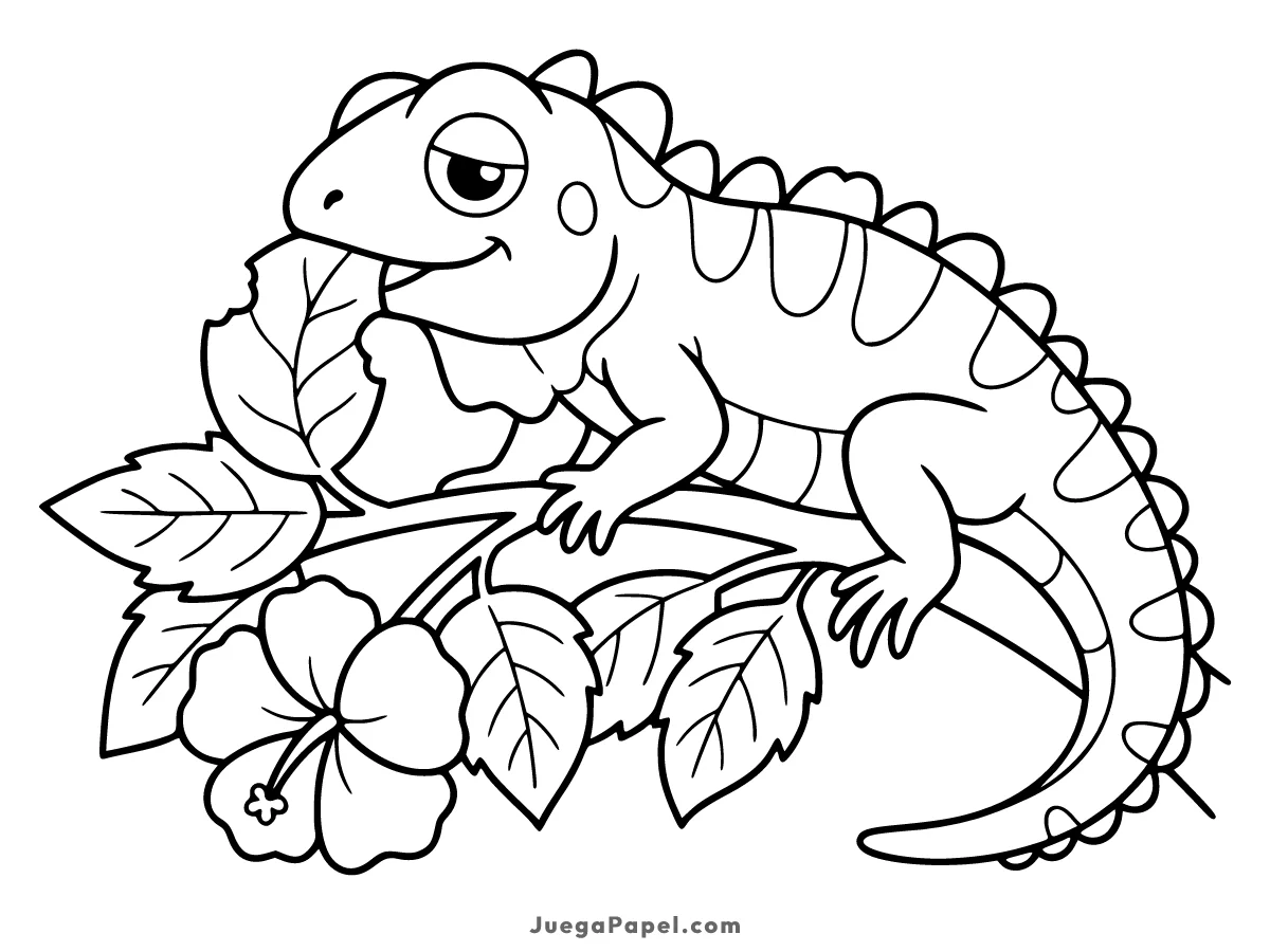 Dibujo para colorear e imprimir de Iguana Amigable sobre una Rama con Flores