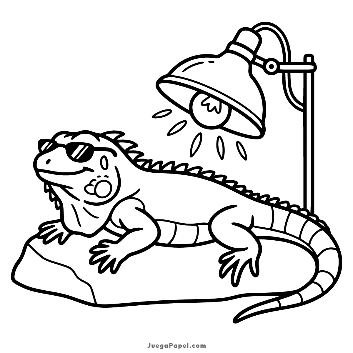 Dibujo para colorear e imprimir de Iguana con Gafas de Sol Tomando el Sol bajo una Lámpara
