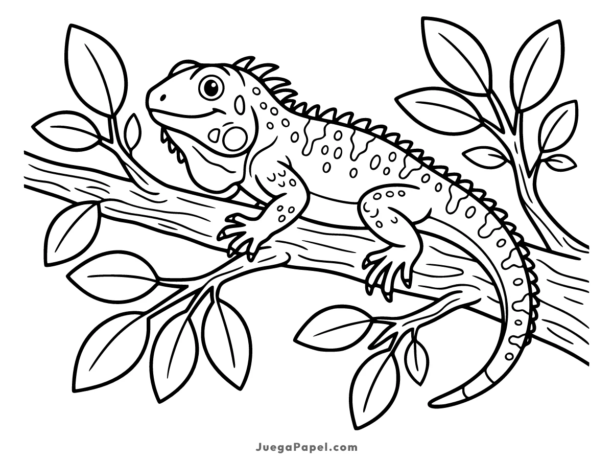 Dibujo para colorear e imprimir de Iguana en la Rama con Hojas