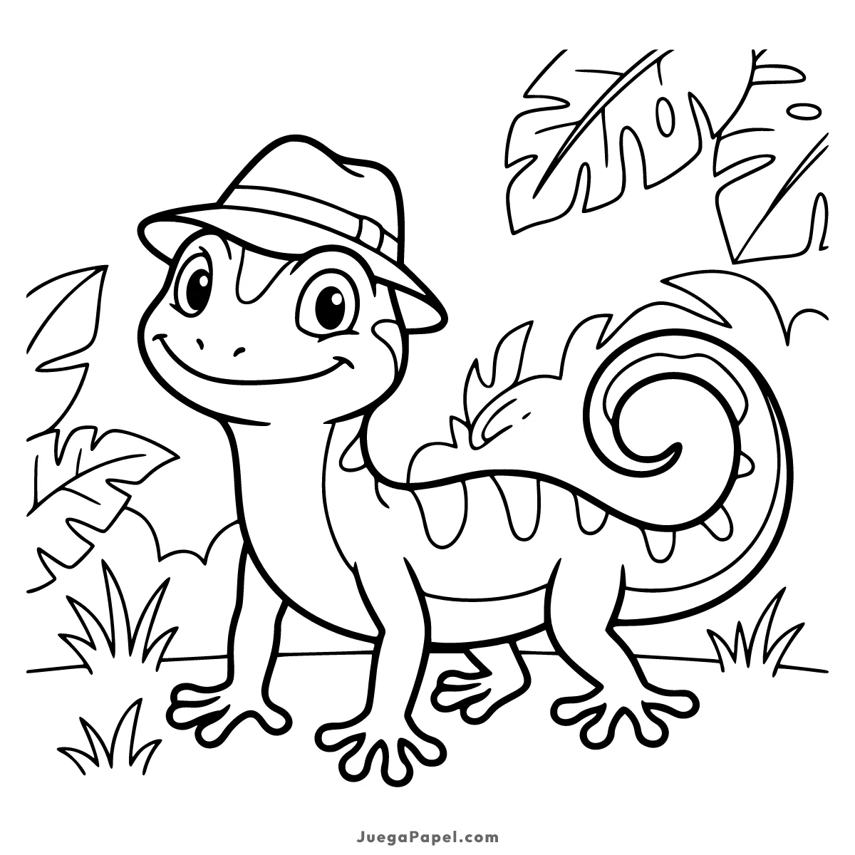 Dibujo para colorear e imprimir de Gecko Explorador con Sombrero en la Selva