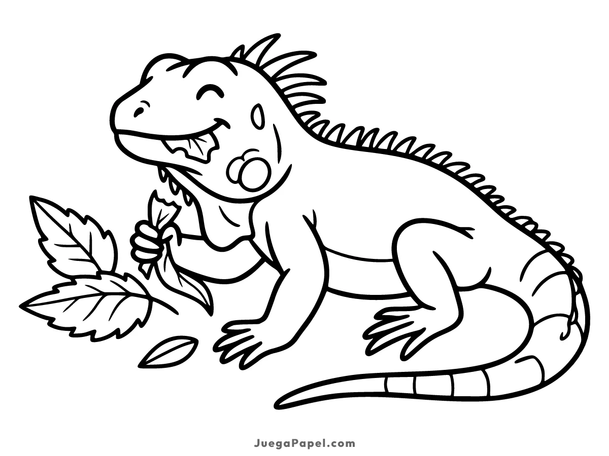 Dibujo para colorear e imprimir de Iguana Feliz Comiendo Hojas