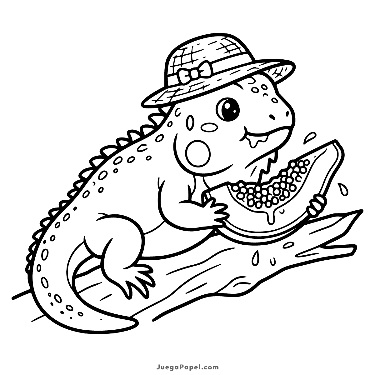 Dibujo para colorear e imprimir de Iguana Tierna con Sombrero Comiendo Fruta