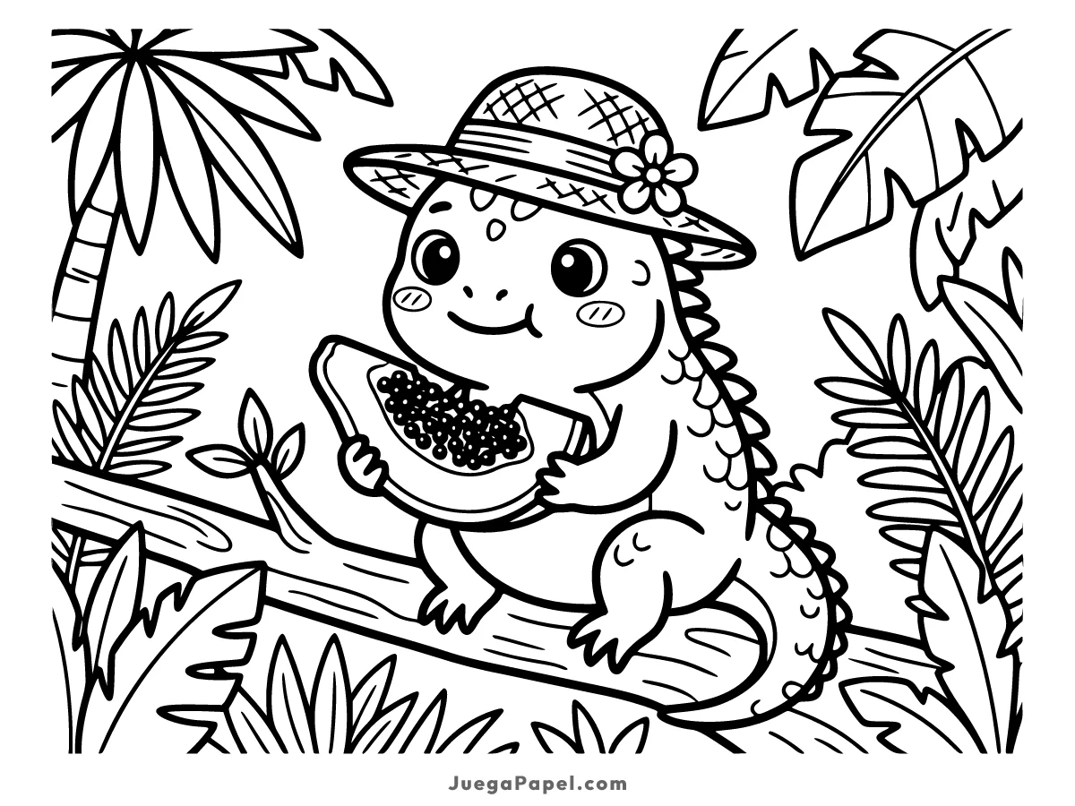 Dibujo para colorear e imprimir de Iguana Tierna con Sombrero Comiendo Fruta en la Selva