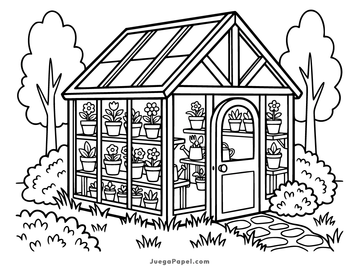 Dibujo para colorear e imprimir de Invernadero con Plantas y Macetas en el Jardín