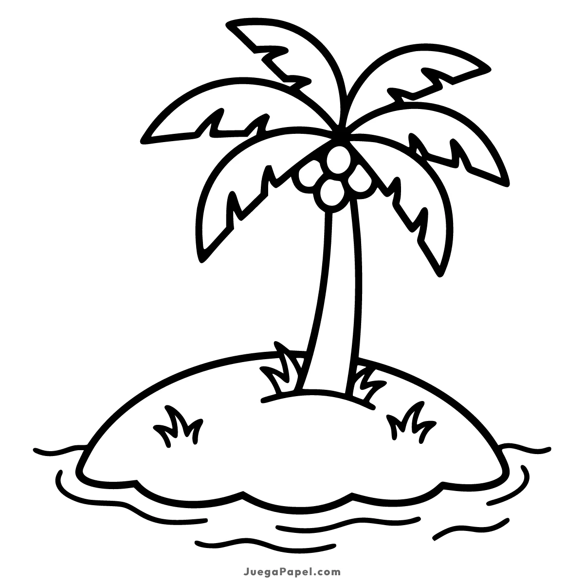 Dibujo para colorear e imprimir de Isla Tropical con Palmera y Cocos
