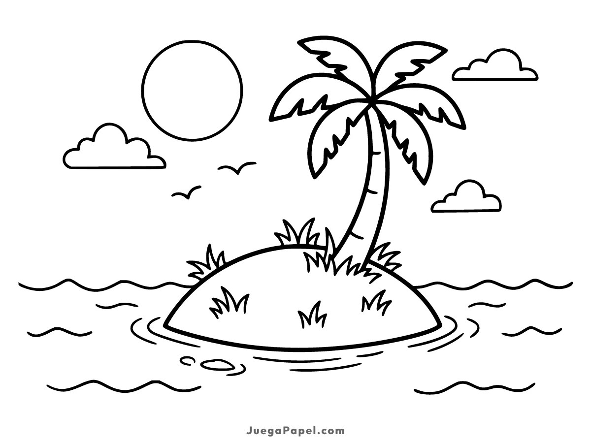 Dibujo para colorear e imprimir de Isla Tropical con Palmera y Sol