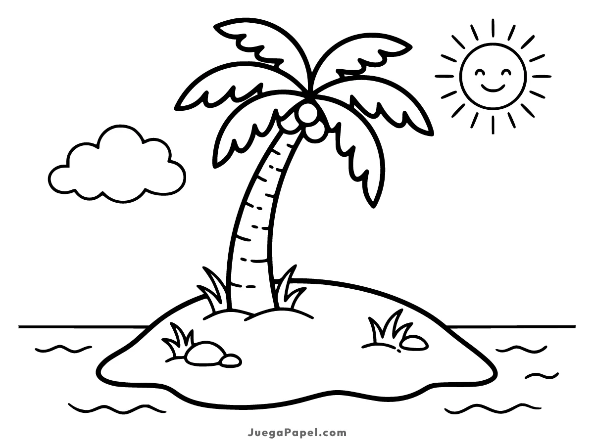 Dibujo para colorear e imprimir de Isla Tropical con Palmera y Sol