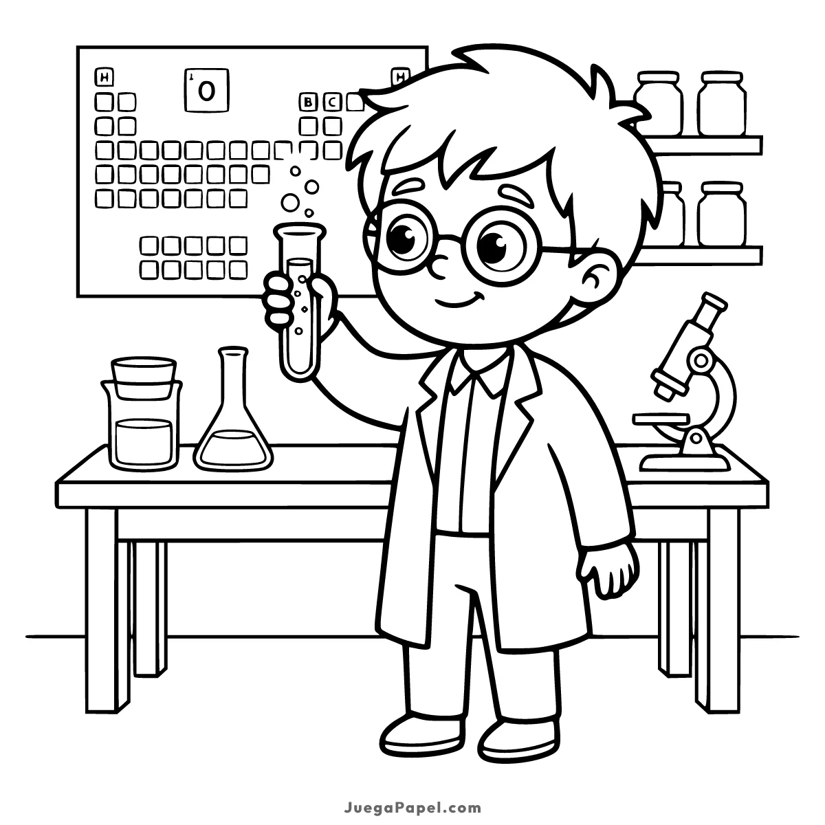 Dibujo para colorear e imprimir de Joven Científico en su Laboratorio de Química