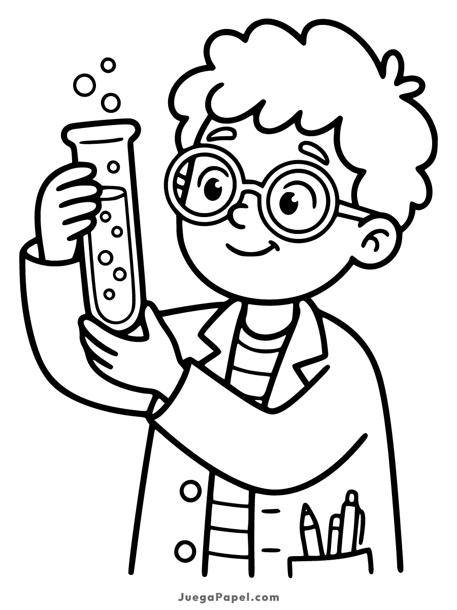 Dibujo para colorear e imprimir de Joven Científico Experimentando con Tubo de Ensayo