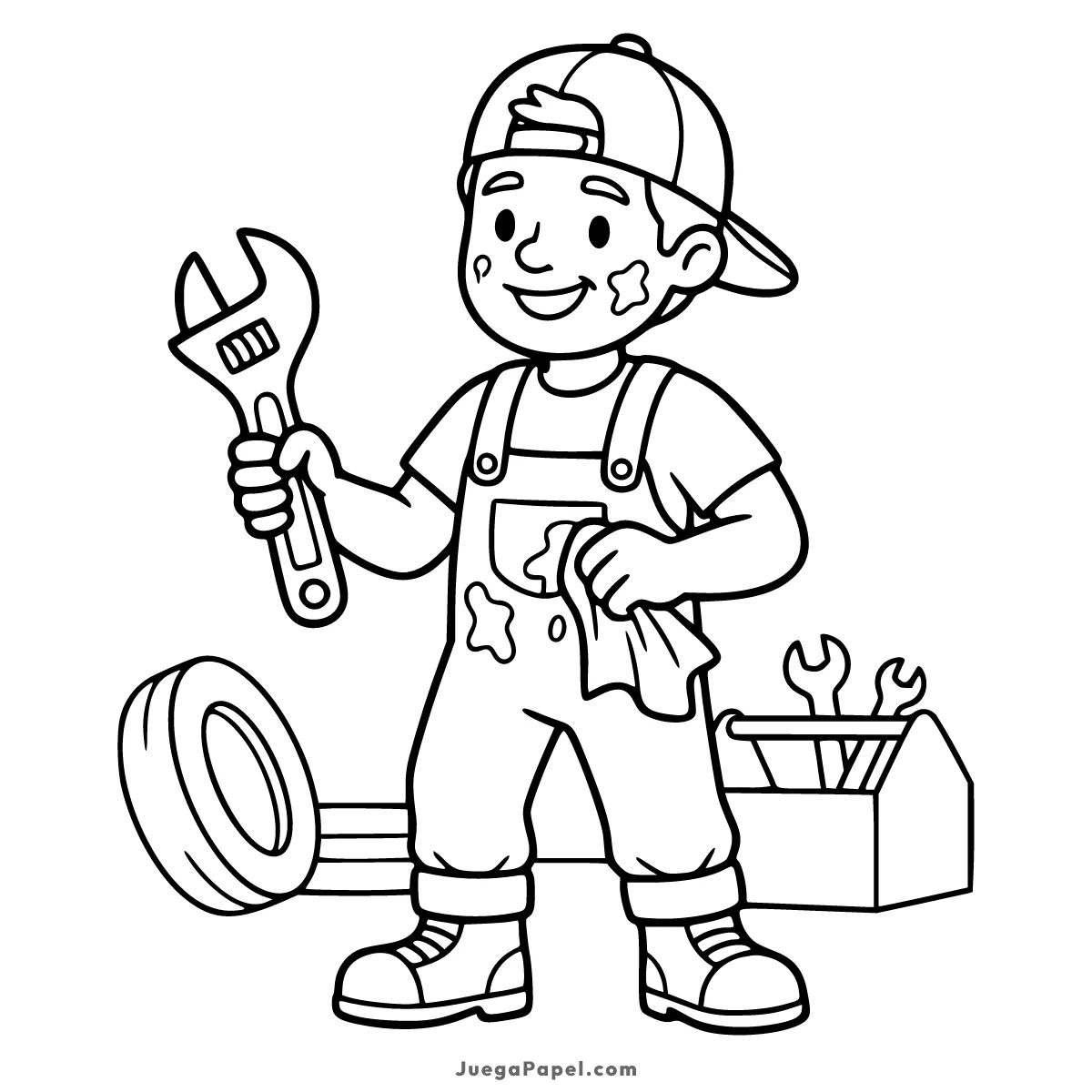 Dibujo para colorear e imprimir de Joven Mecánico con Llave Inglesa y Herramientas