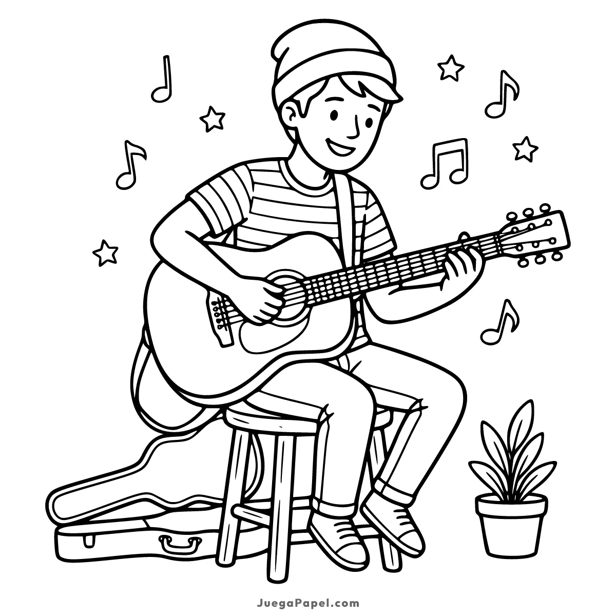 Dibujo para colorear e imprimir de Joven Músico Tocando la Guitarra Acústica