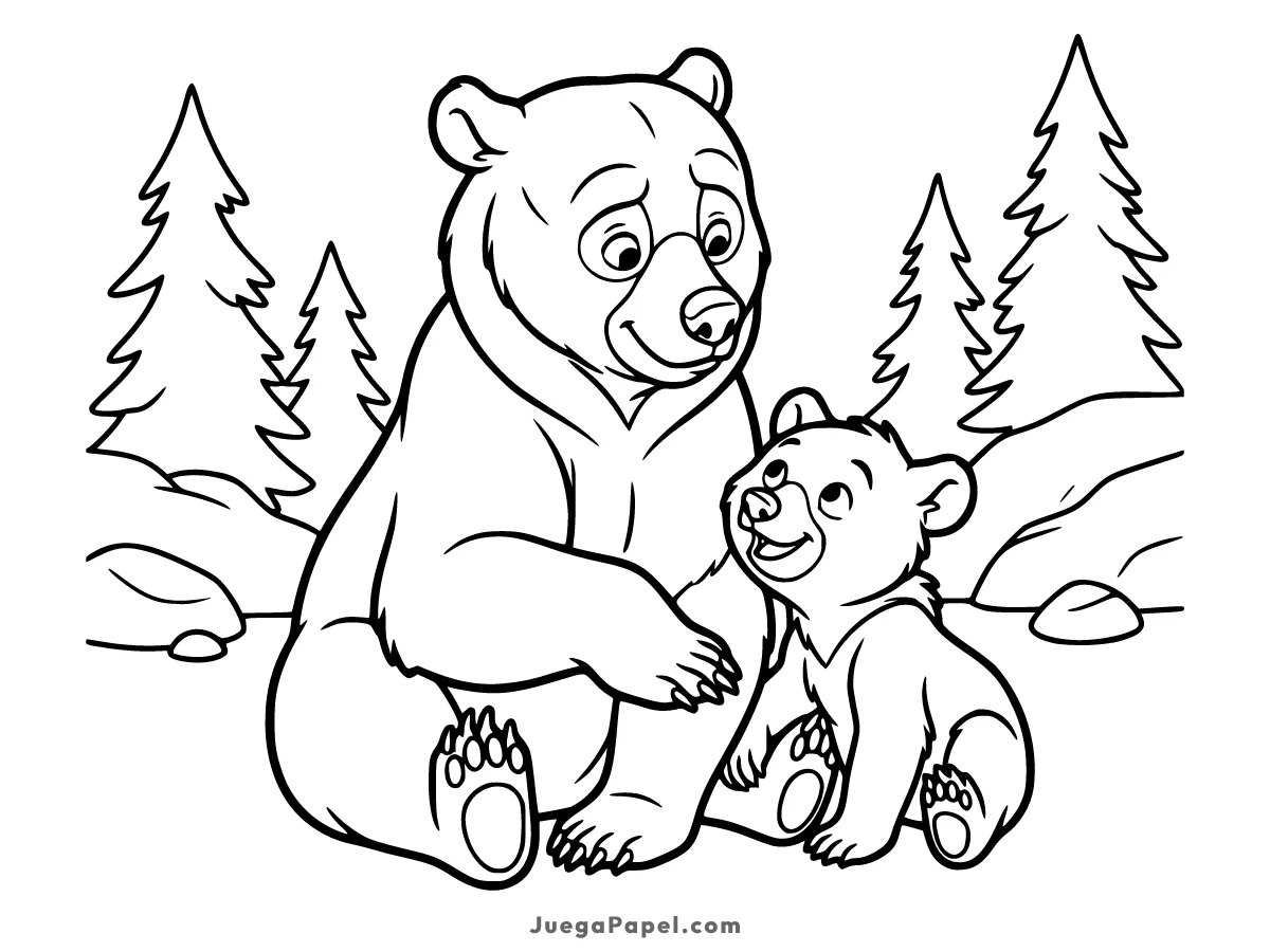 Dibujo para colorear e imprimir de Koda y Kenai en el Bosque