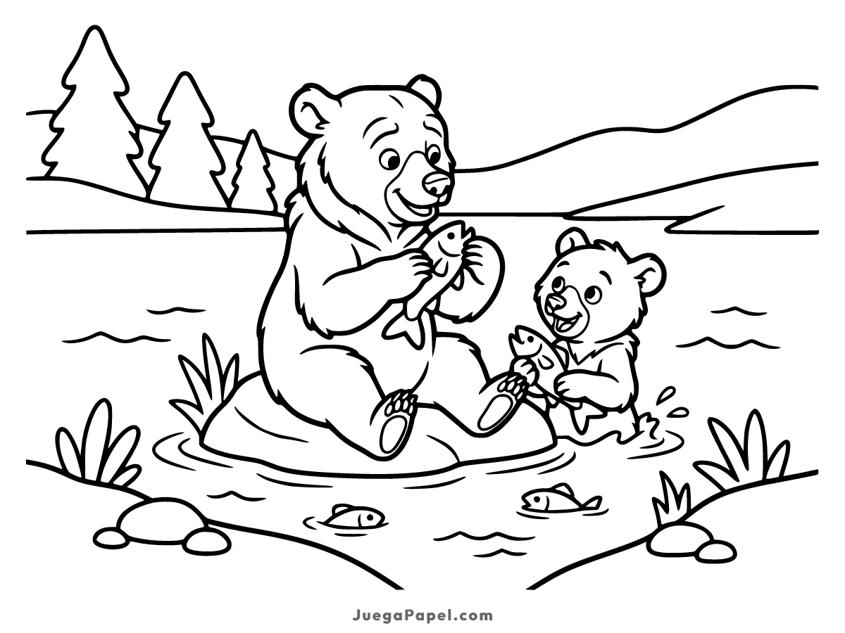 Dibujo para colorear e imprimir de Koda y Kenai pescando en el río