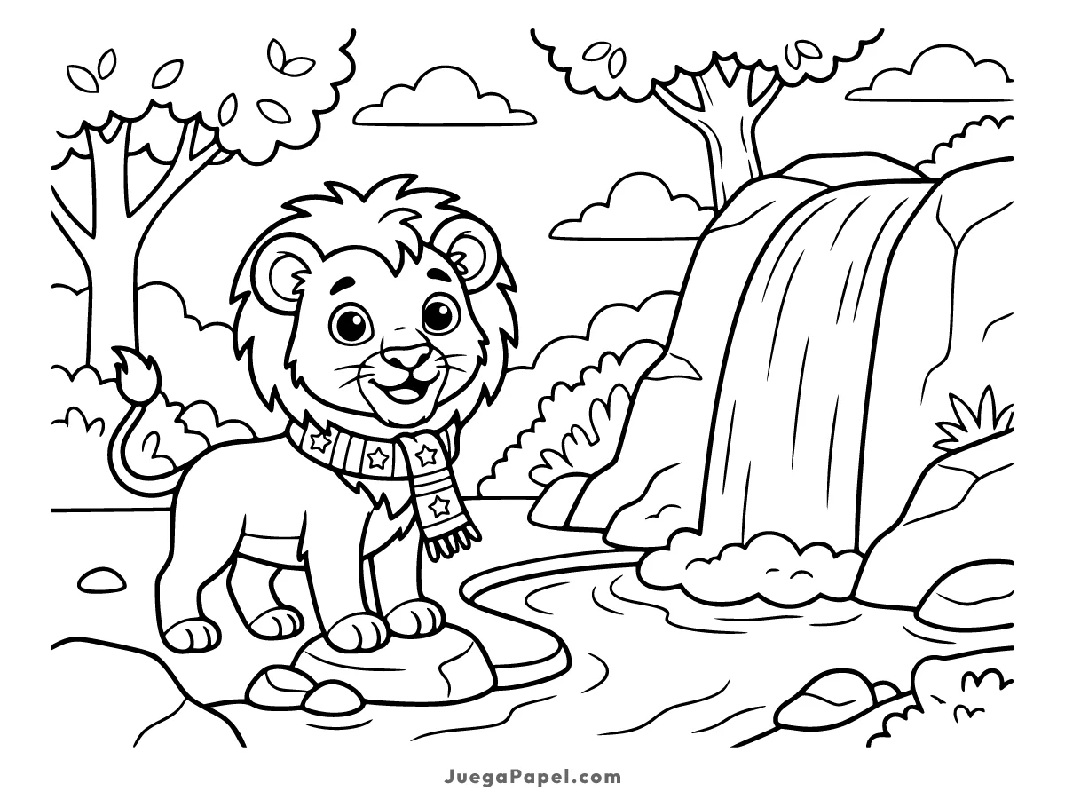Dibujo para colorear e imprimir de León Feliz junto a la Cascada