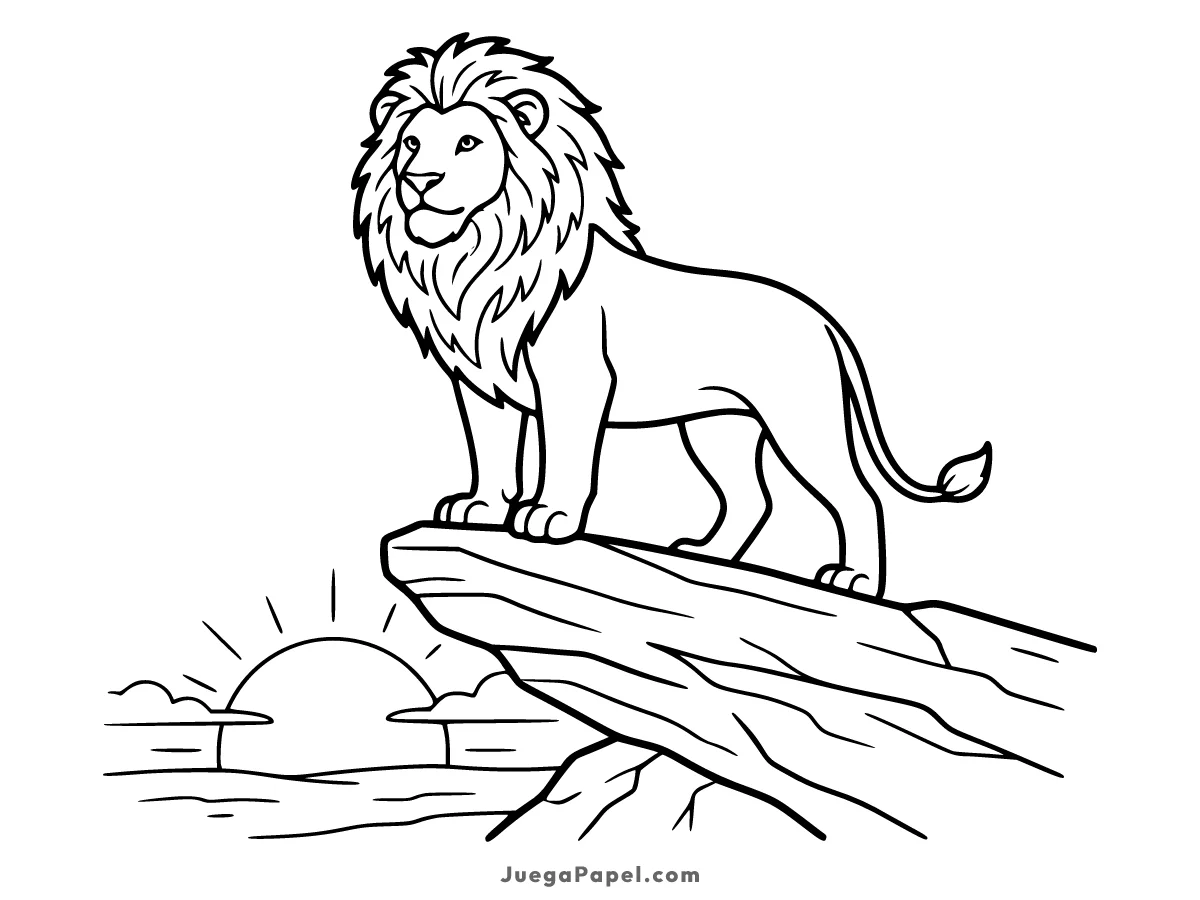 Dibujo para colorear e imprimir de León Majestuoso sobre la Roca al Atardecer