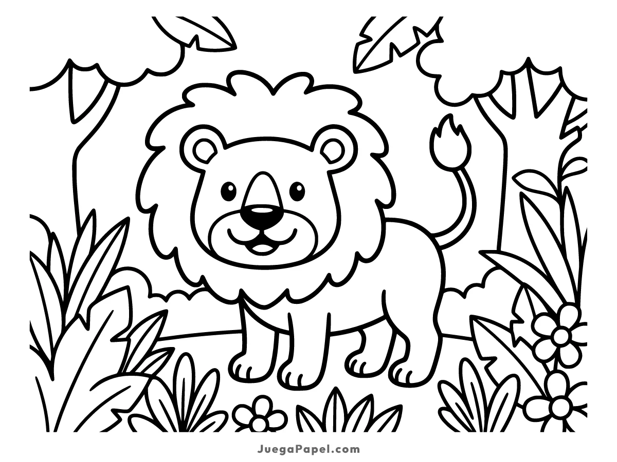 Dibujo para colorear e imprimir de León Sonriente en la Selva
