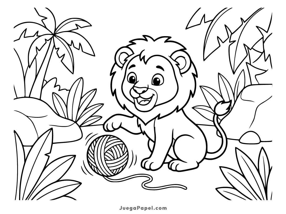 Dibujo para colorear e imprimir de León tierno jugando con un ovillo en la selva
