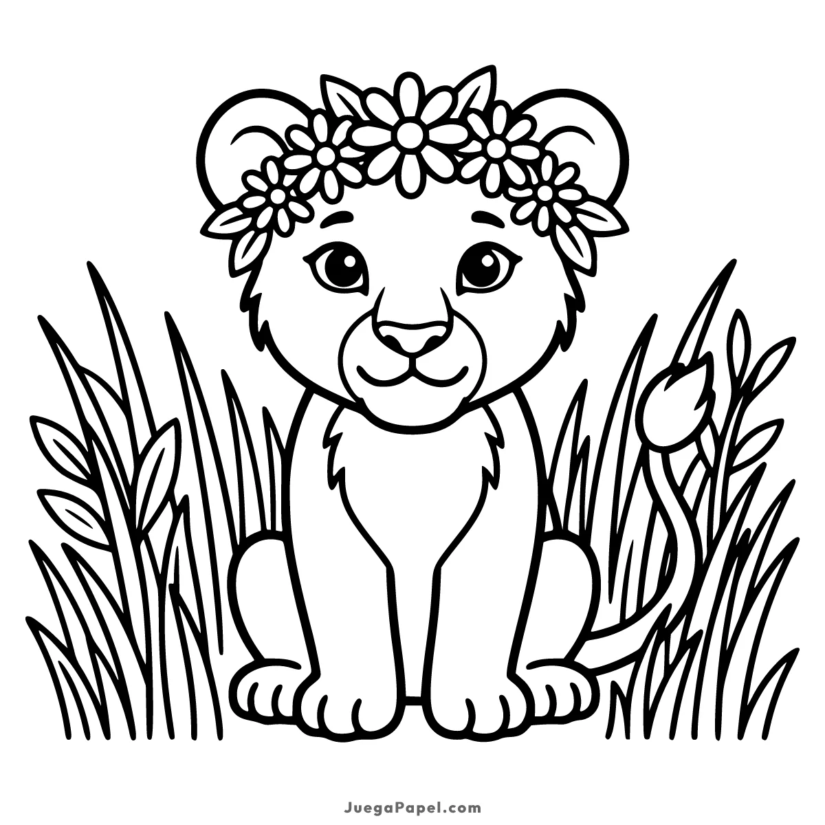 Dibujo para colorear e imprimir de Leoncito tierno con corona de flores en la selva